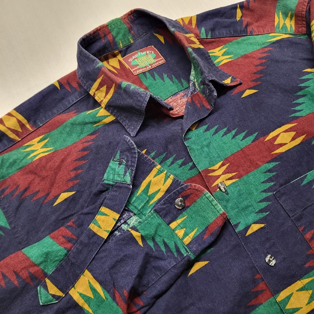 Vintage Globe Trotter Shirt Mens Large Blue Button Up Southwestern Aztec 90s USA
